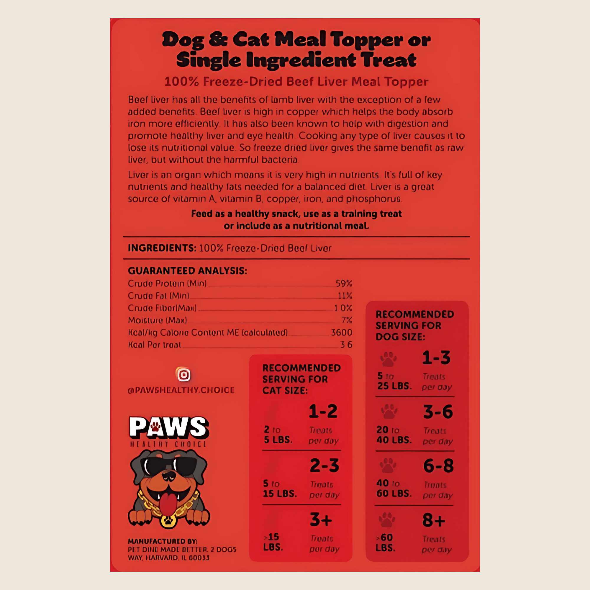 100% Freeze - Dried Beef Liver Topper for Dogs or Cats - Freeze - Dried (8oz) - Paws Healthy Choice