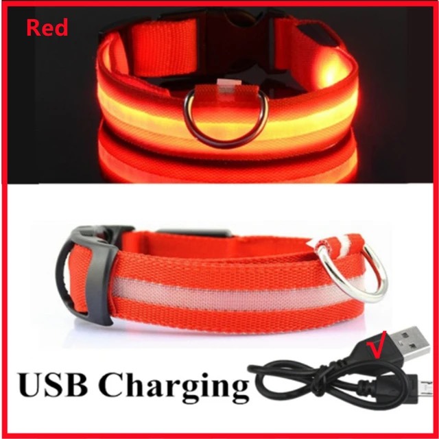 LED Glowing Dog Collar - NECK Size: (XL 16 - 24in) - RED