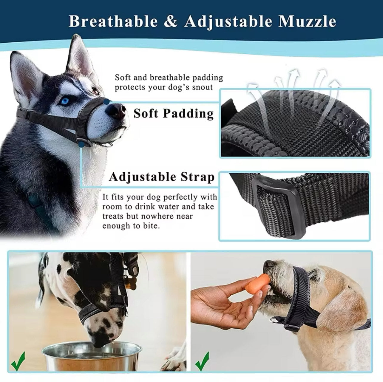 Dog Muzzle - Black - XXL Size: Snout Strap 11-15' (28-38cm) Neck Strap 9-23' (23-56cm)