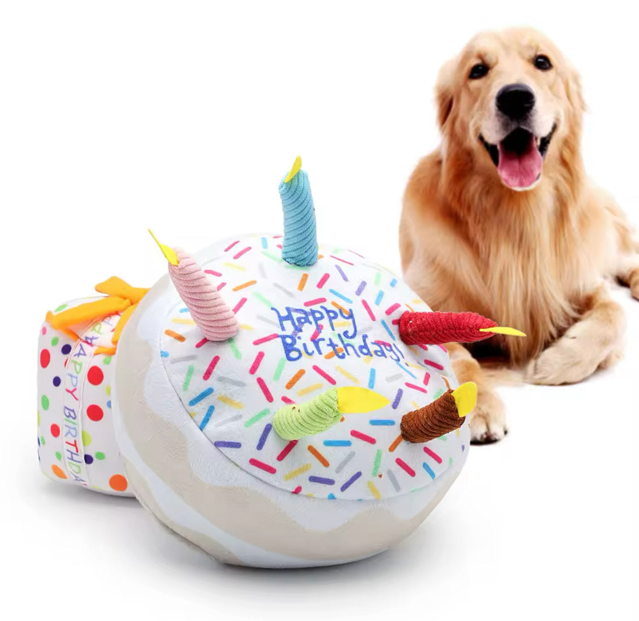 Birthday White Cake Sprinkles Candles Plush Dog Toy