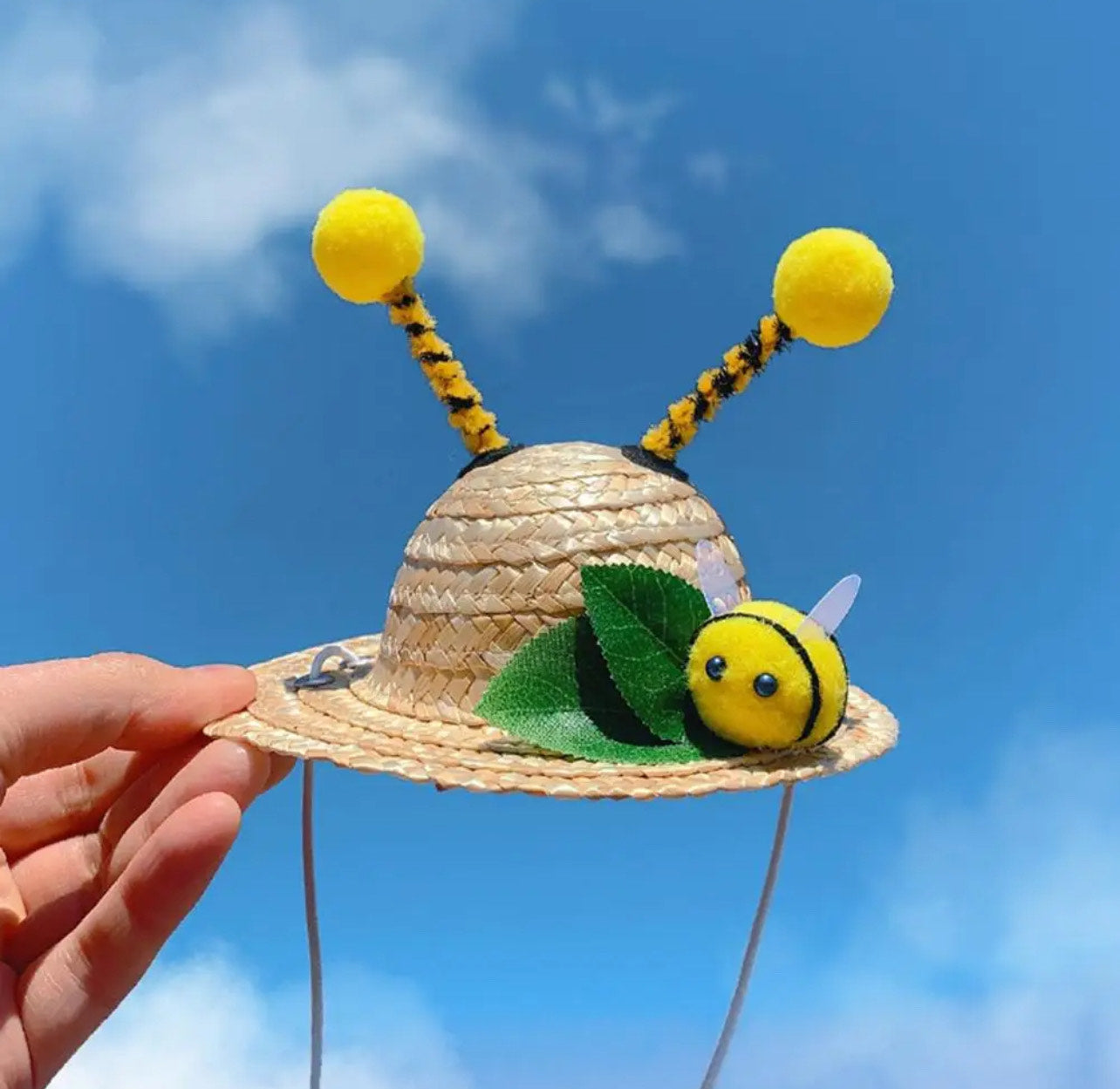 Dog Straw Hat with Lanyard - Bumble Bee