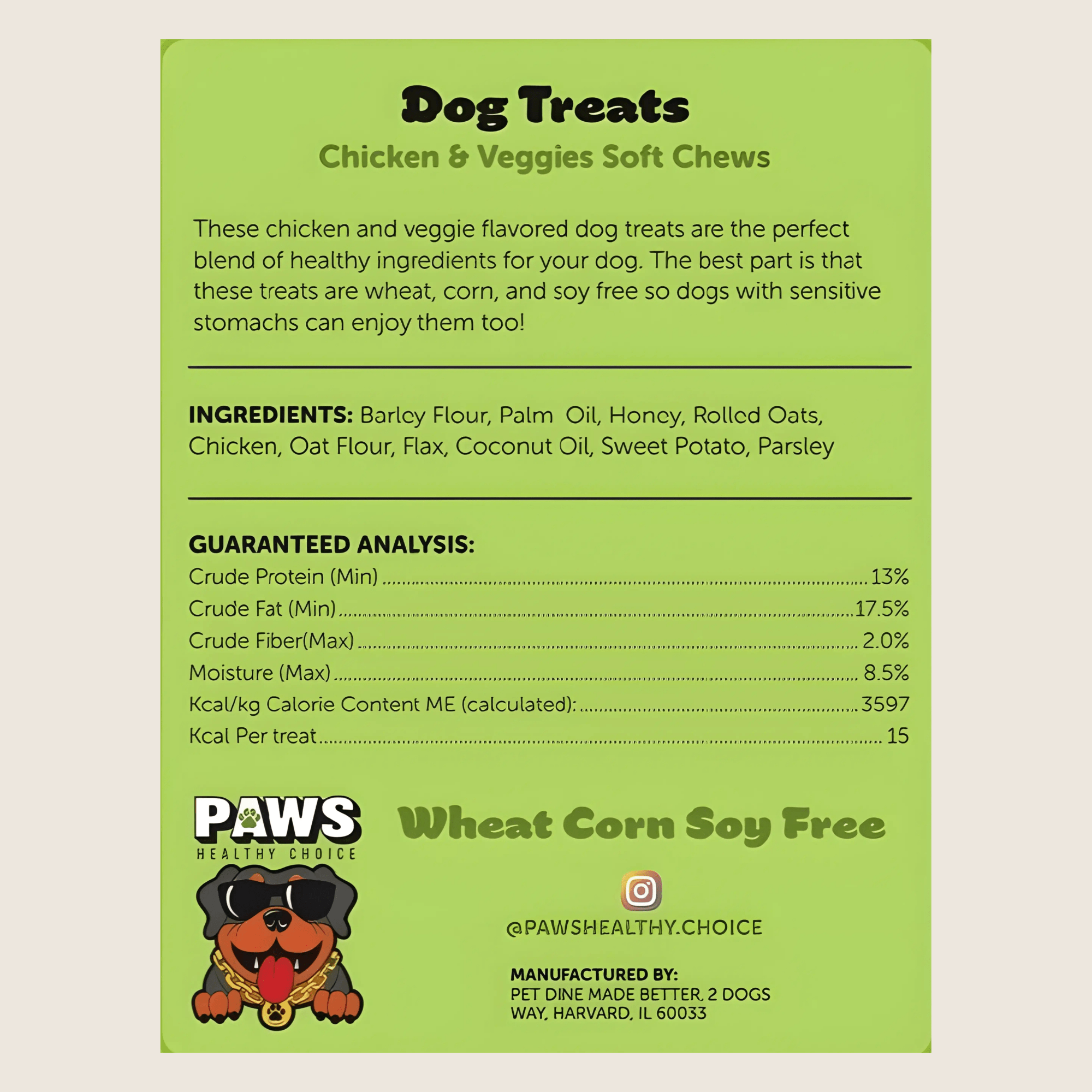 Chewy Dog Treats - Chicken and Veggie (6oz) - Paws Healthy Choice