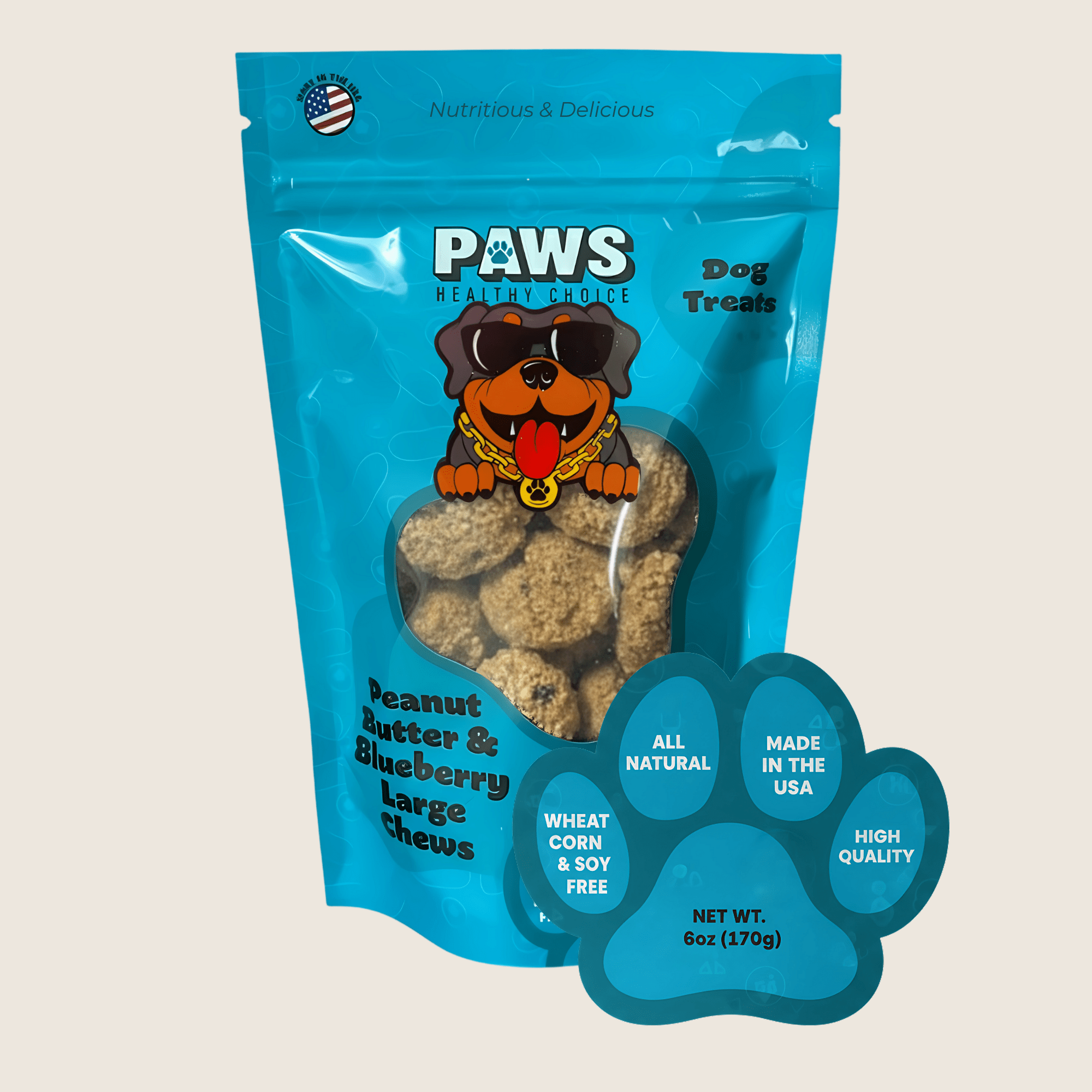 Large Chewy Dog Treats - Peanut Butter and Blueberry (6oz) - Paws Healthy Choice