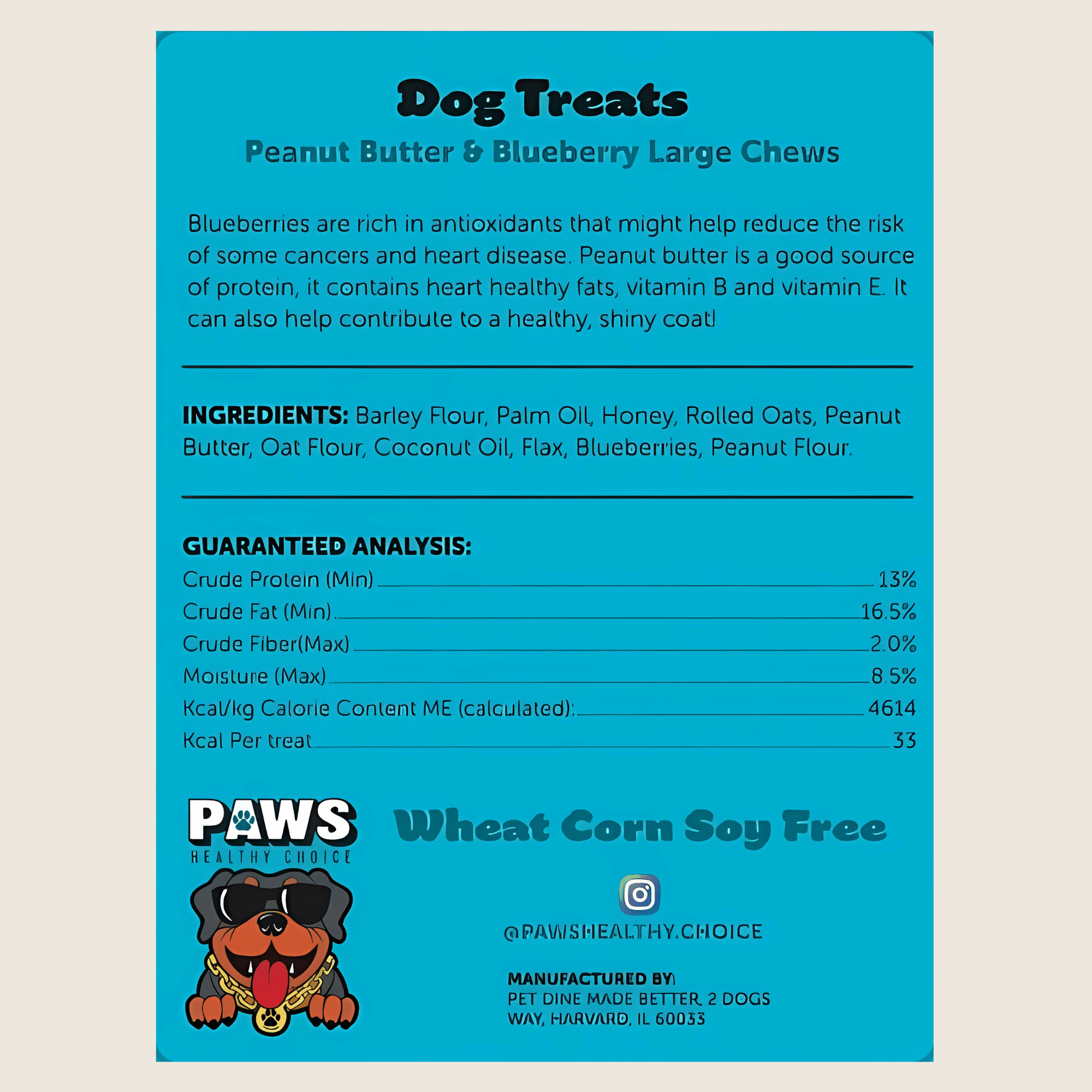 Large Chewy Dog Treats - Peanut Butter and Blueberry (6oz) - Paws Healthy Choice