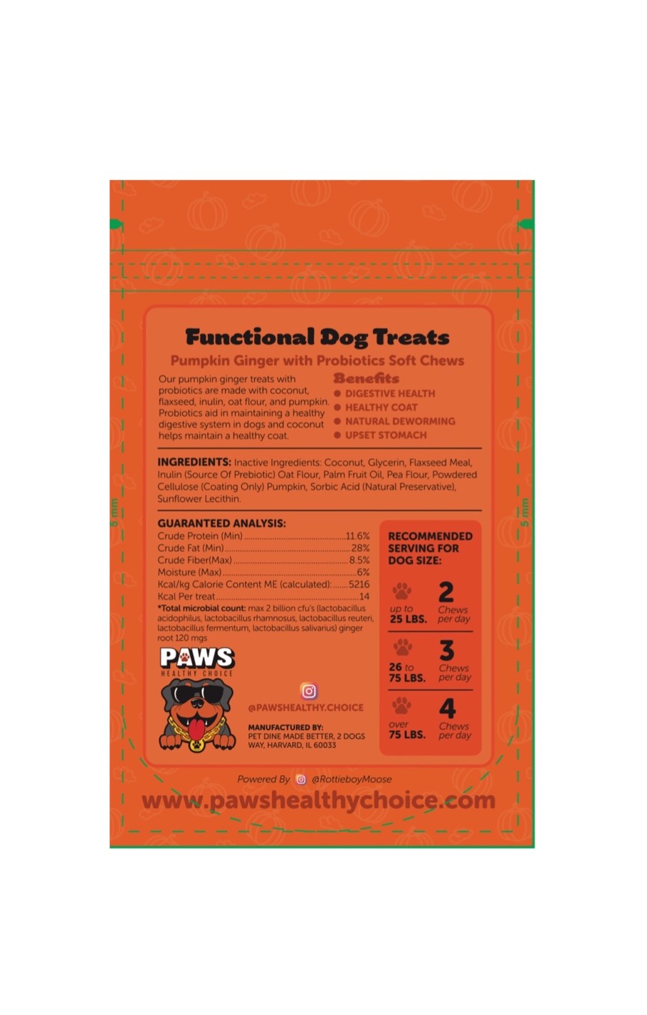 *Pumpkin And Ginger with Probiotics Functional Dog Treats 8oz bag